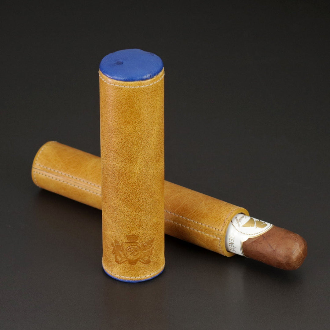 Brizard and Co - The Single Cigar Tube - Blue Ostrich and Camel Color Leather (Leather, Ostrich)