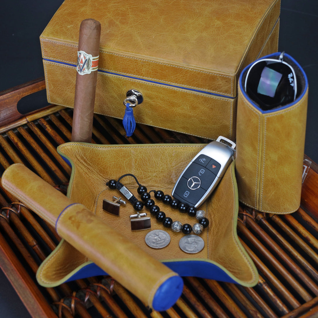 Brizard and Co - The Single Cigar Tube - Blue Ostrich and Camel Color Leather (Leather, Ostrich)
