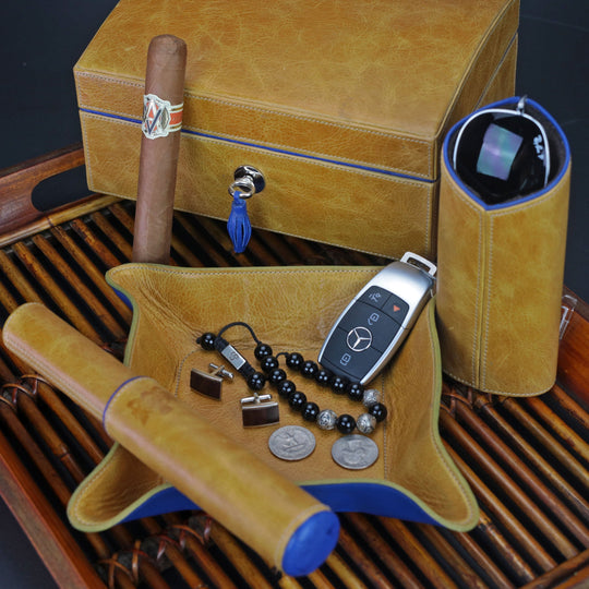 Brizard and Co - The Single Cigar Tube - Blue Ostrich and Camel Color Leather (Leather, Ostrich)