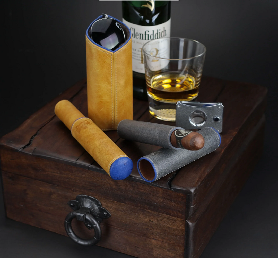 Brizard and Co - The Single Cigar Tube - Blue Ostrich and Camel Color Leather (Leather, Ostrich)