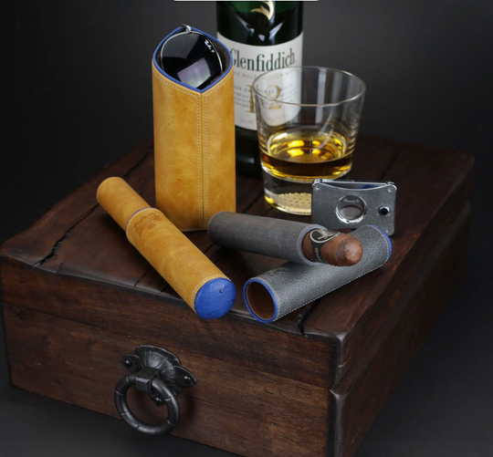 Brizard and Co - The Single Cigar Tube - Blue Ostrich and Camel Color Leather (Leather, Ostrich)