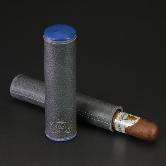 Brizard and Co - The Single Cigar Tube - Blue Ostrich and Gray Leather (Leather, Ostrich)