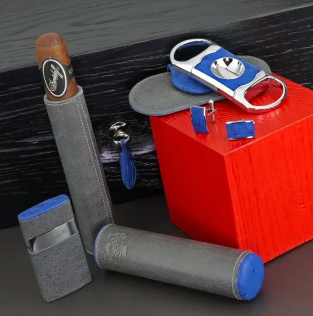 Brizard and Co - The Single Cigar Tube - Blue Ostrich and Gray Leather (Leather, Ostrich)