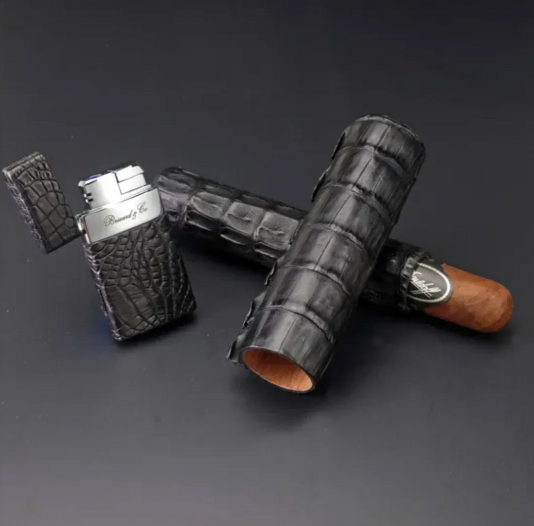 Brizard and Co Single Cigar Tube - Genuine Black Caiman Alligator, luxury cigar accessory at Cigar Inc