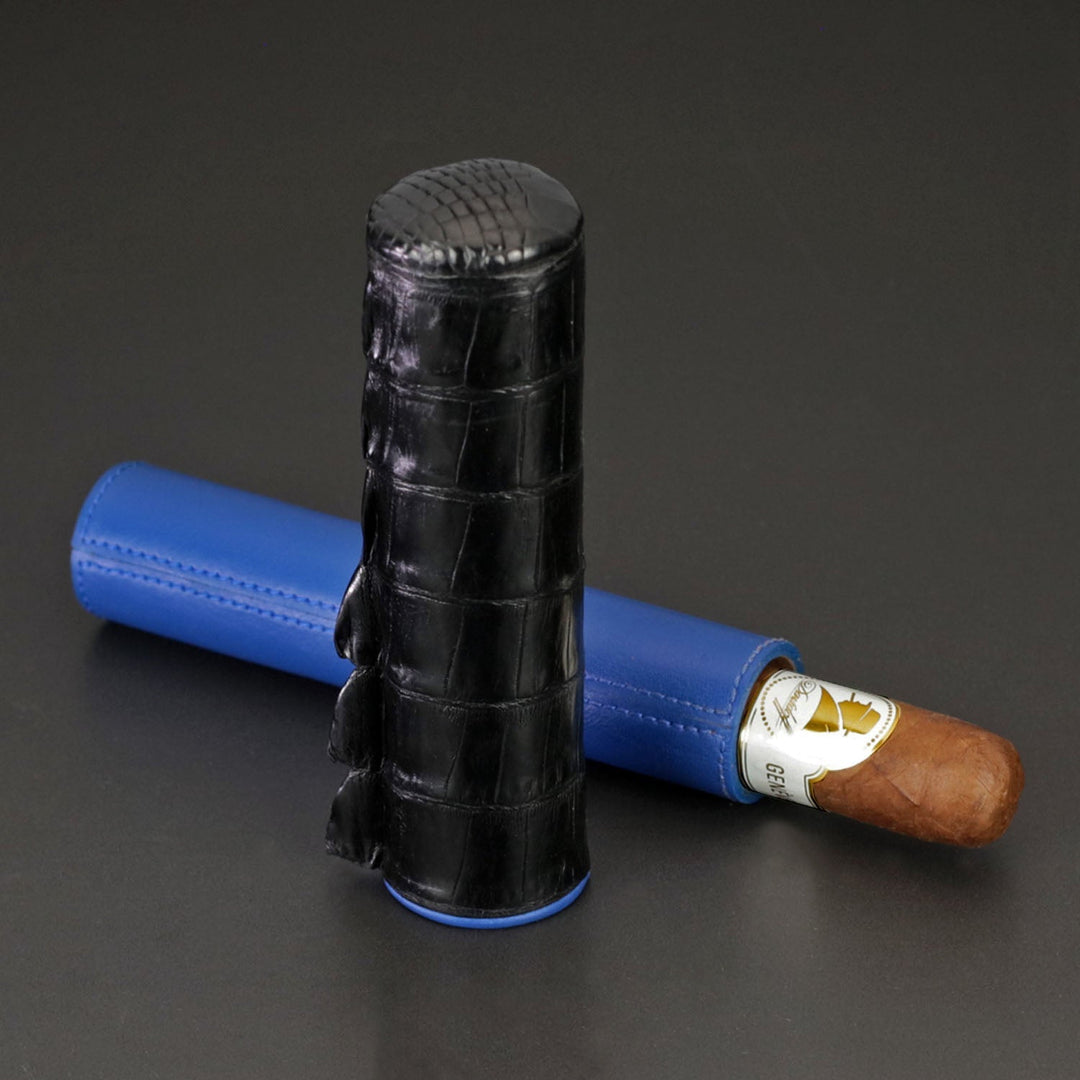 Brizard and Co - The Single Cigar Tube - Genuine Black Caiman Alligator and Blue Leather (Leather, Alligator)