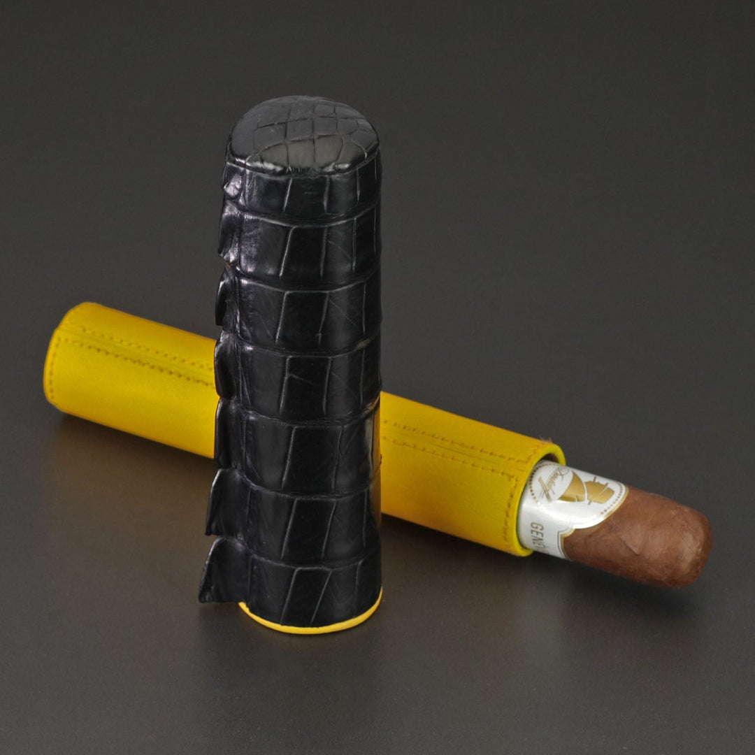 Brizard and Co - The Single Cigar Tube - Genuine Black Caiman Alligator and Yellow Leather (Leather, Alligator)