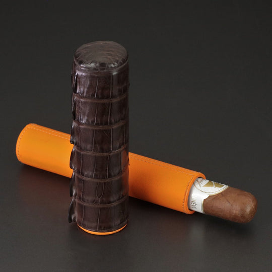 Brizard and Co - The Single Cigar Tube - Genuine Tobacco Caiman Alligator and Orange Leather (Leather, Alligator)
