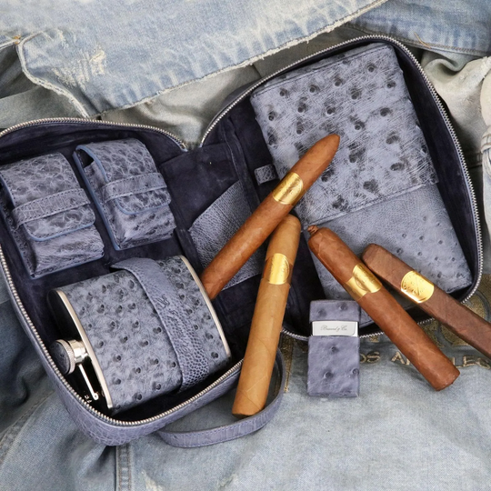 Brizard and Co Havana Traveler with flask, genuine ostrich Bruciato Denim in blue