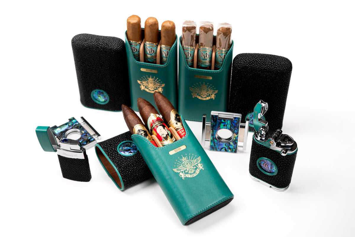 Brizard and Co. abalone and teal cigar gift set with cases, cutters and lighters
