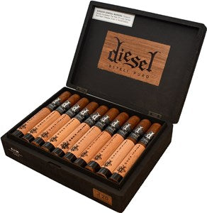Box of 20 Diesel Estelí Puro Toro cigars in a black box with a brown background that has Diesel Estelí Puro in black letters against a white background at Cigar inc in los angeles