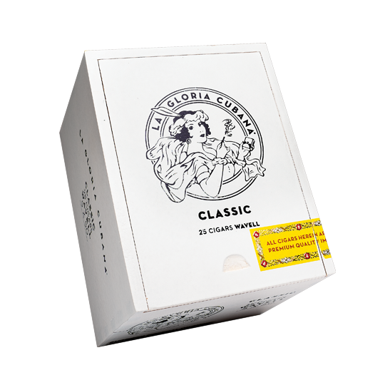 Box of La Gloria Cubana Classic cigars with branding and product details on a white background