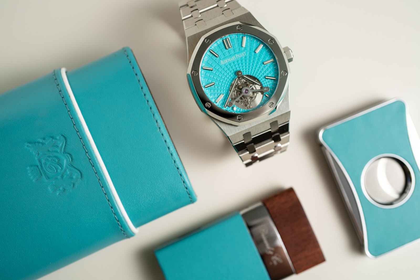Luxury gifts for cigar lovers, a Brizard and Co turquoise leather cigar case with matching cutter and lighter at Cigar Inc, Woodland Hills