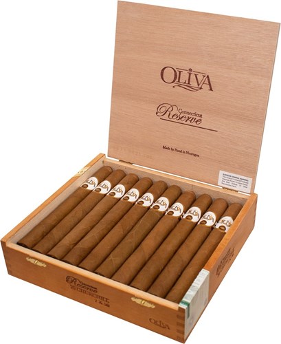 Open box of 20 Oliva Connecticut Reserve churchill cigars on a white background at cigar inc los angeles