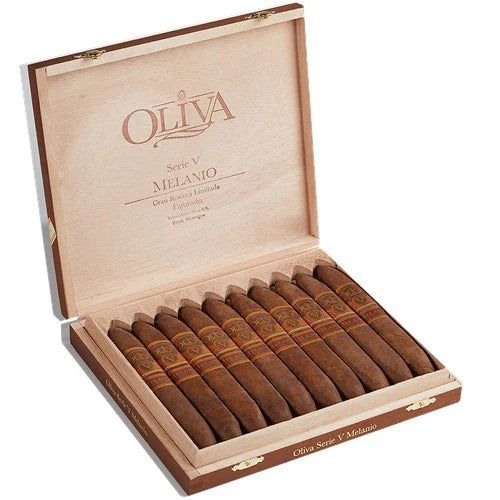 Open wooden box of Oliva cigars on a white background at cigars near me los angeles cigar inc