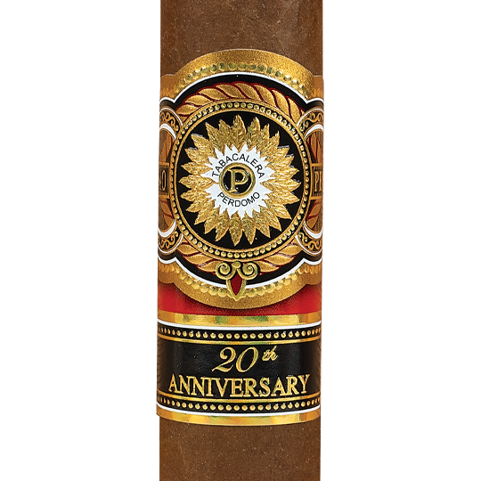 Perdomo cigar with decorative wrapper featuring Tabacalera Perdomo branding and '20th Anniversary' text.