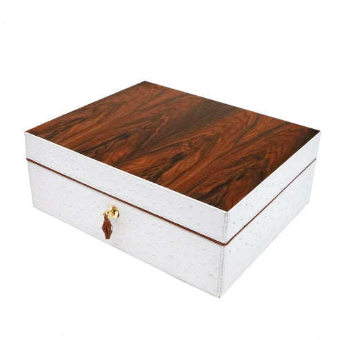Brizard & Co – The “Airflow” Cigar Humidor - White Ostrich Leather & Rosewood – 70/80 Count